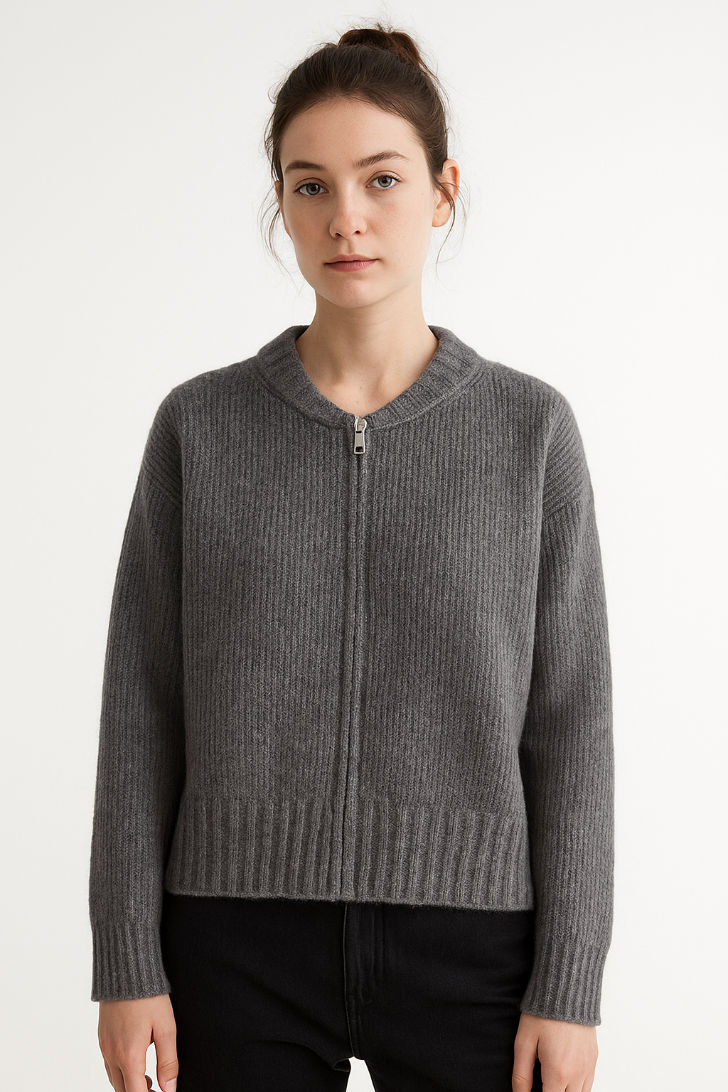 Prążkowany damski kardigan z zamkiem i okrągłym dekoltem w kolorze ciemnoszarym