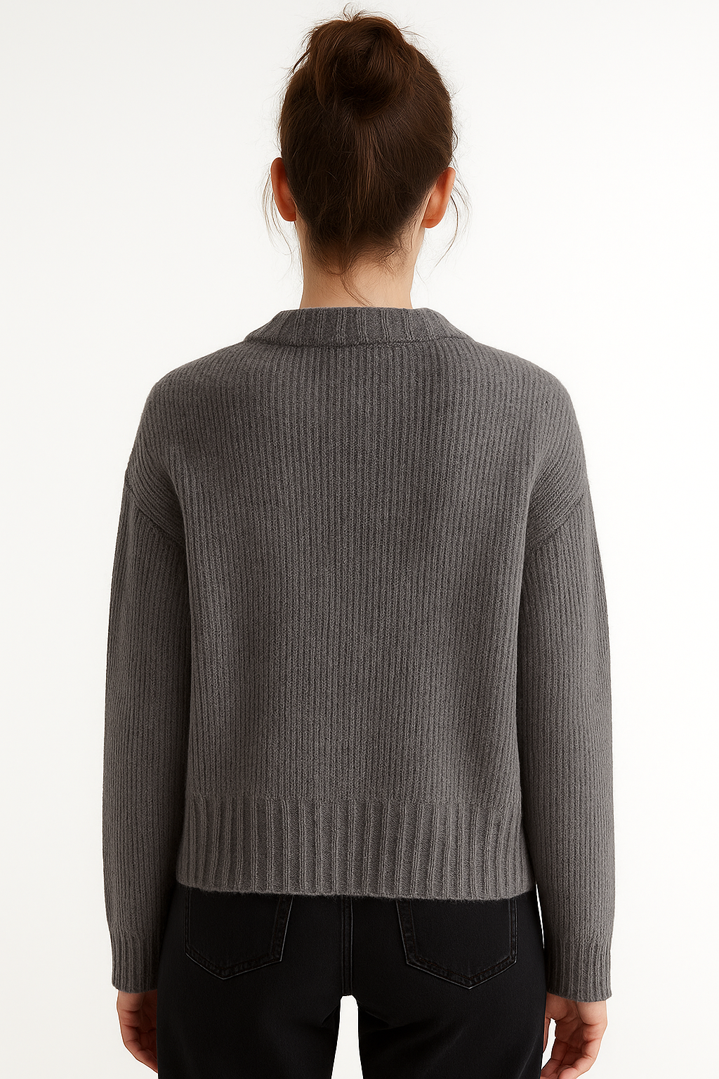 Prążkowany damski kardigan z zamkiem i okrągłym dekoltem w kolorze ciemnoszarym