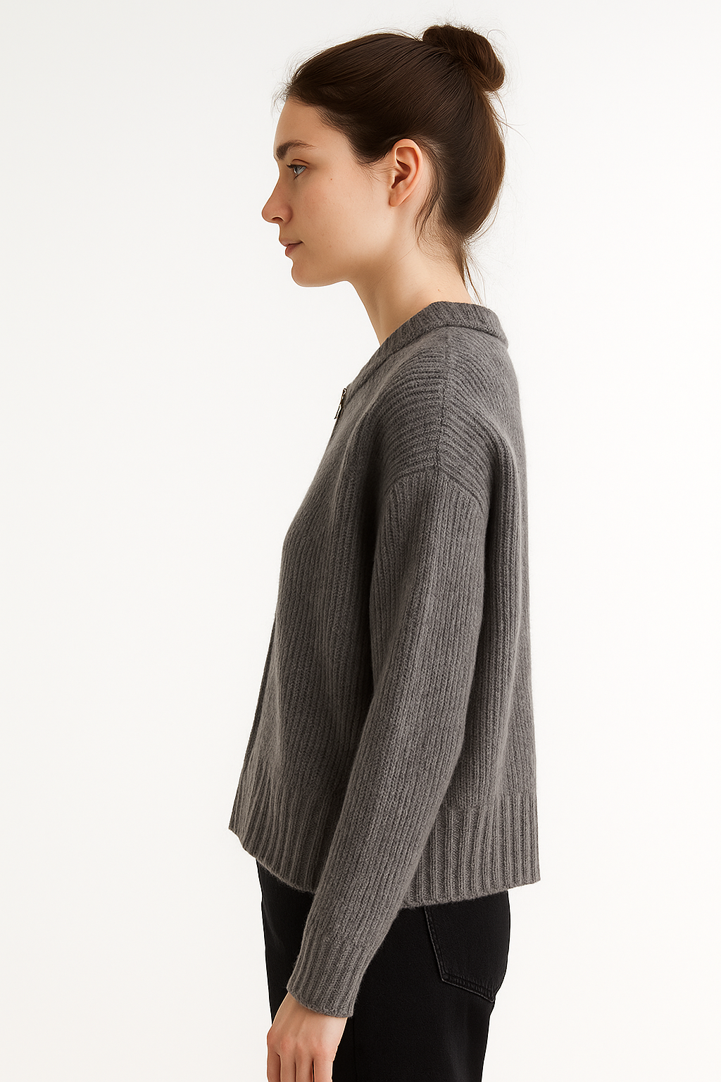 Prążkowany damski kardigan z zamkiem i okrągłym dekoltem w kolorze ciemnoszarym