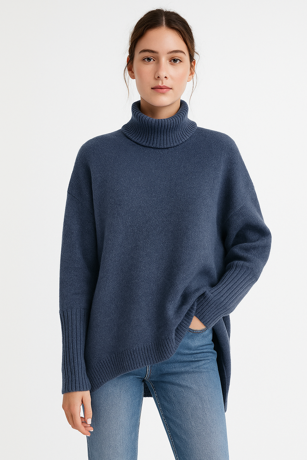 Niebieski damski sweter oversize z golfem i wydłużonym tyłem