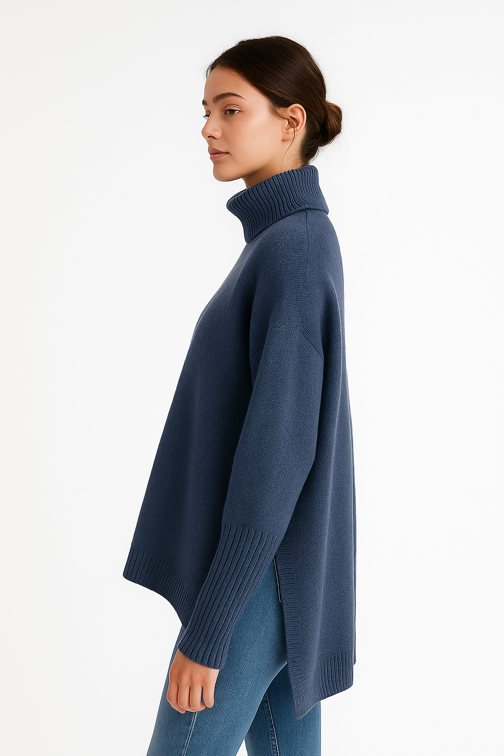 Niebieski damski sweter oversize z golfem i wydłużonym tyłem