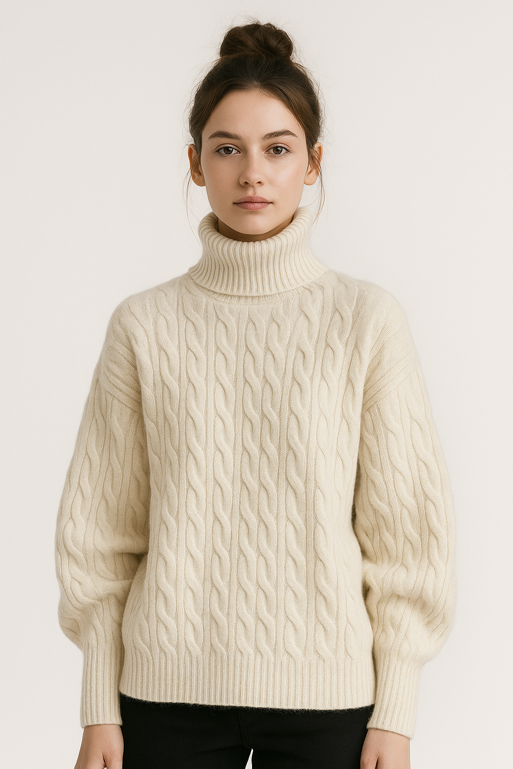 Damski sweter z golfem i strukturą warkoczową w kolorze białym
