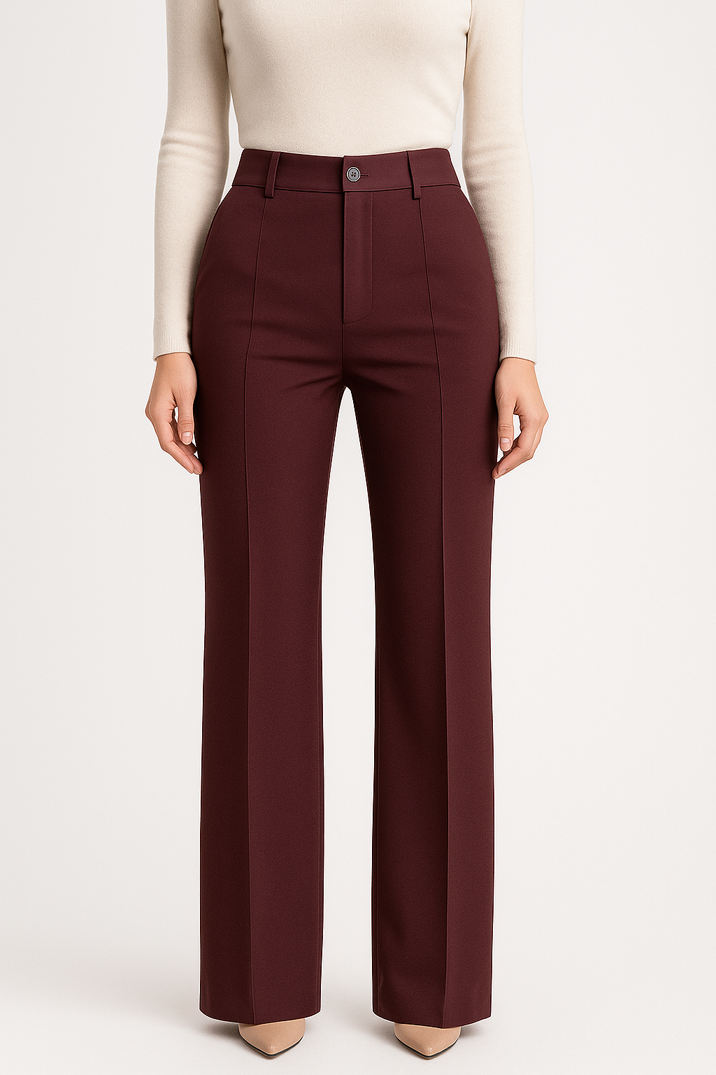 Damskie spodnie z wysokim stanem i prostymi nogawkami w kolorze bordowym