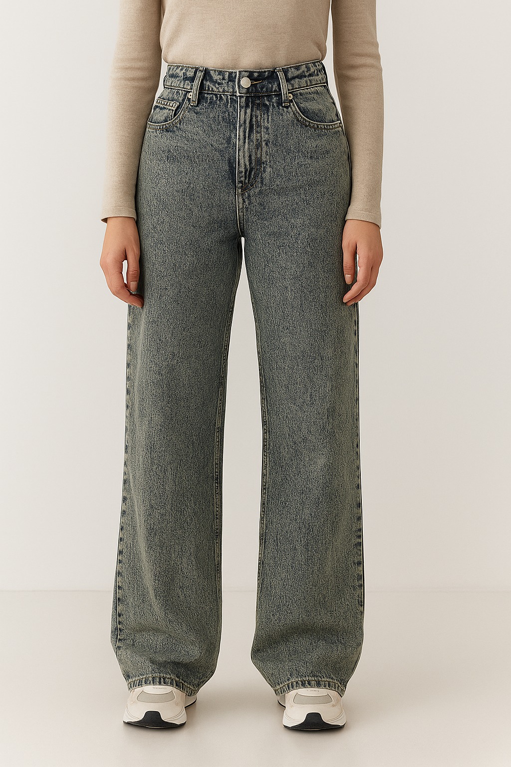 Damskie jeansy z wysokim stanem i prostymi nogawkami w spraniu vintage