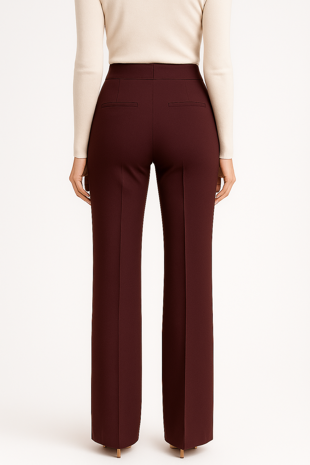Damskie spodnie z wysokim stanem i prostymi nogawkami w kolorze bordowym