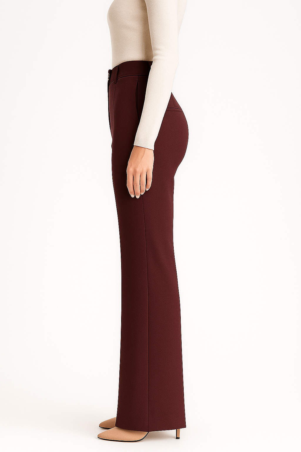 Damskie spodnie z wysokim stanem i prostymi nogawkami w kolorze bordowym