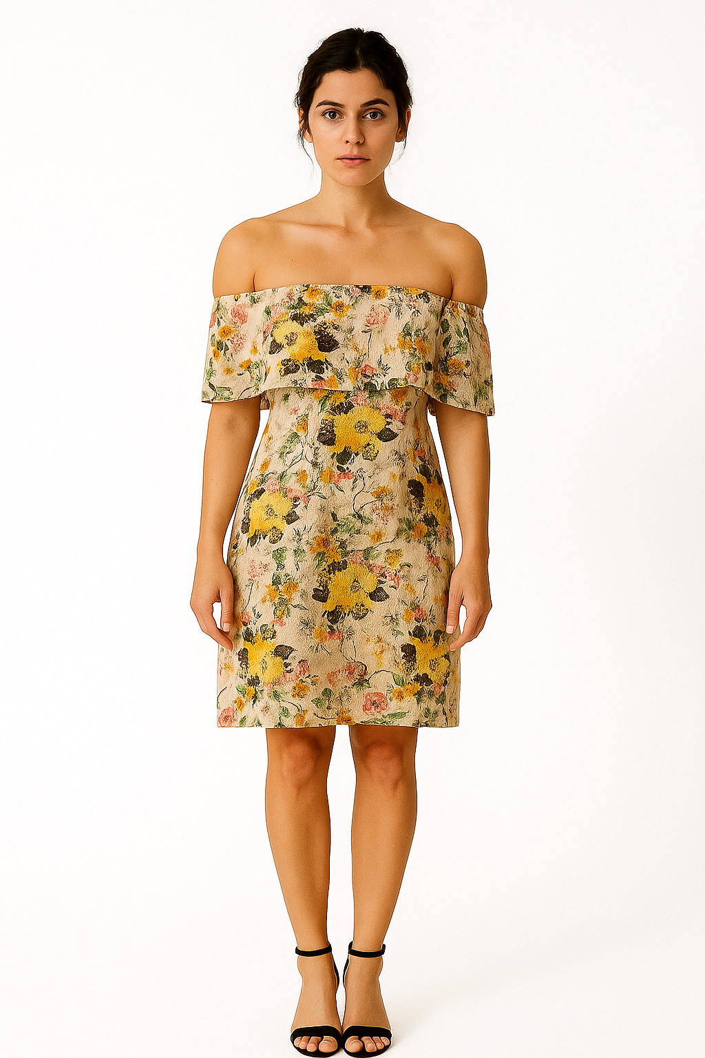 Sukienka w kwiatowy wzór z odkrytymi ramionami