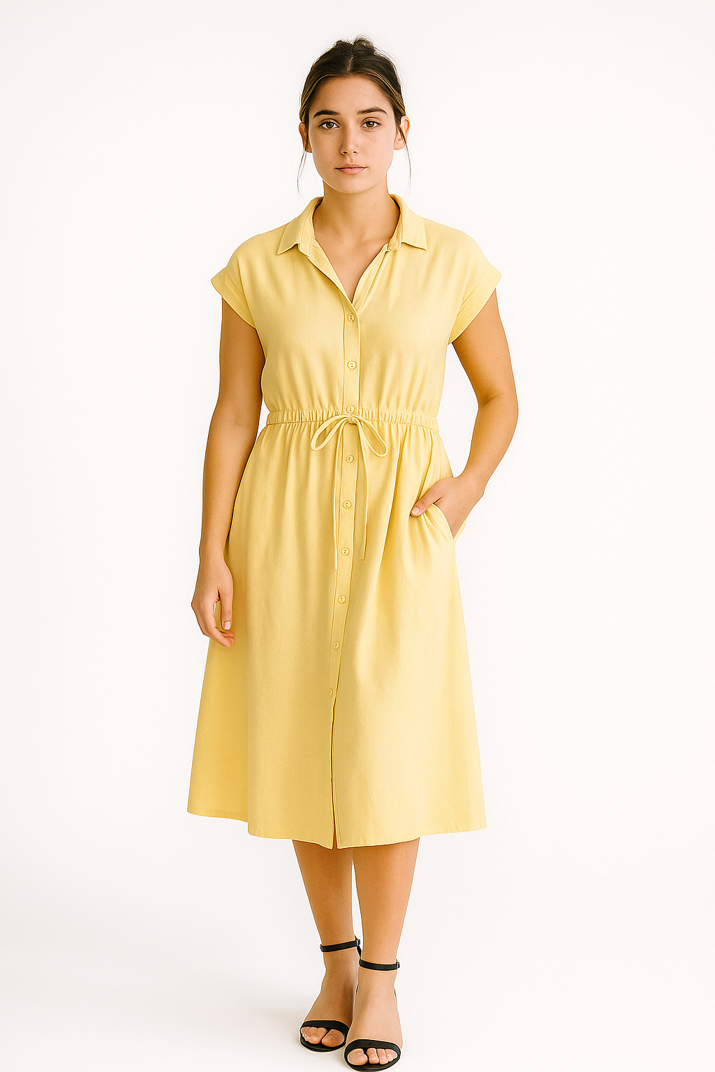 Żółta bawełniana sukienka koszulowa z paskiem