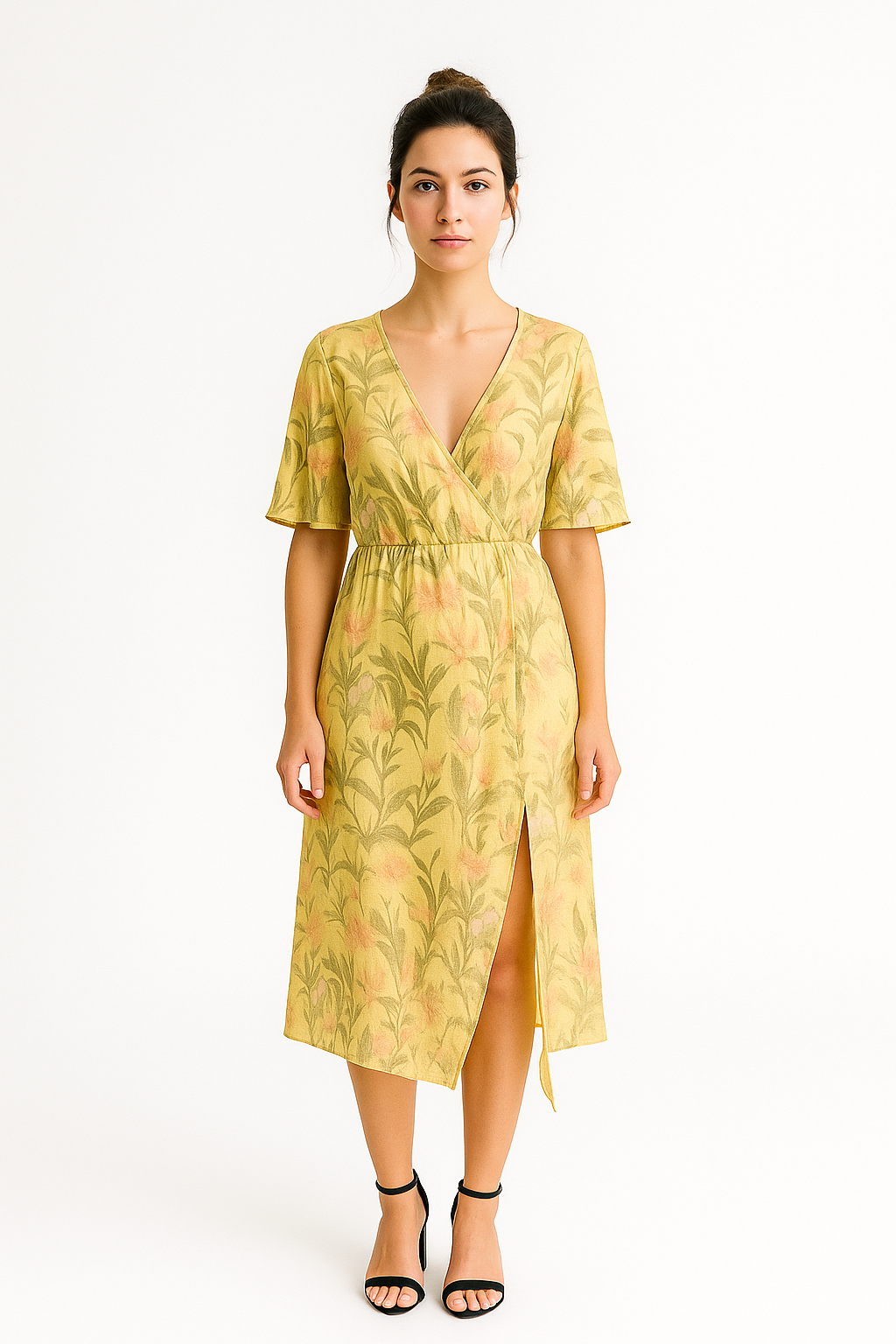 Żółta sukienka midi w kwiatowy wzór z asymetrycznym dołem