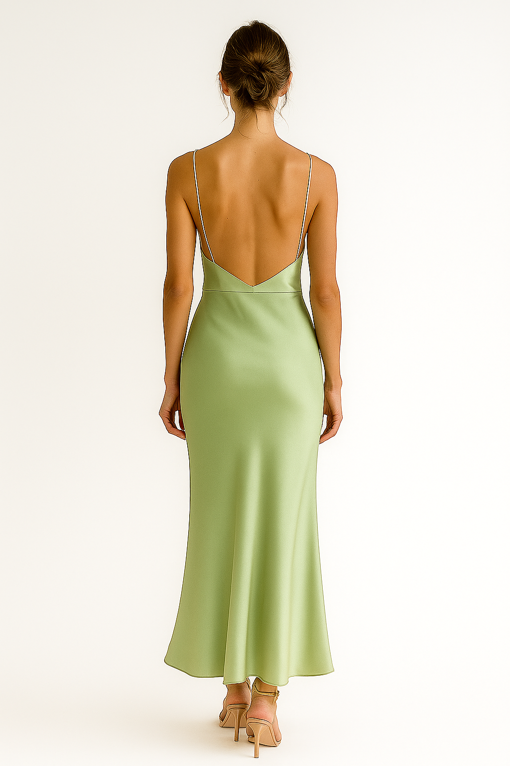 Zwiewna satynowa sukienka z rozcięciem i odkrytymi plecami