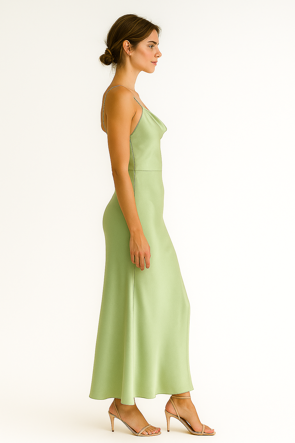 Zwiewna satynowa sukienka z rozcięciem i odkrytymi plecami