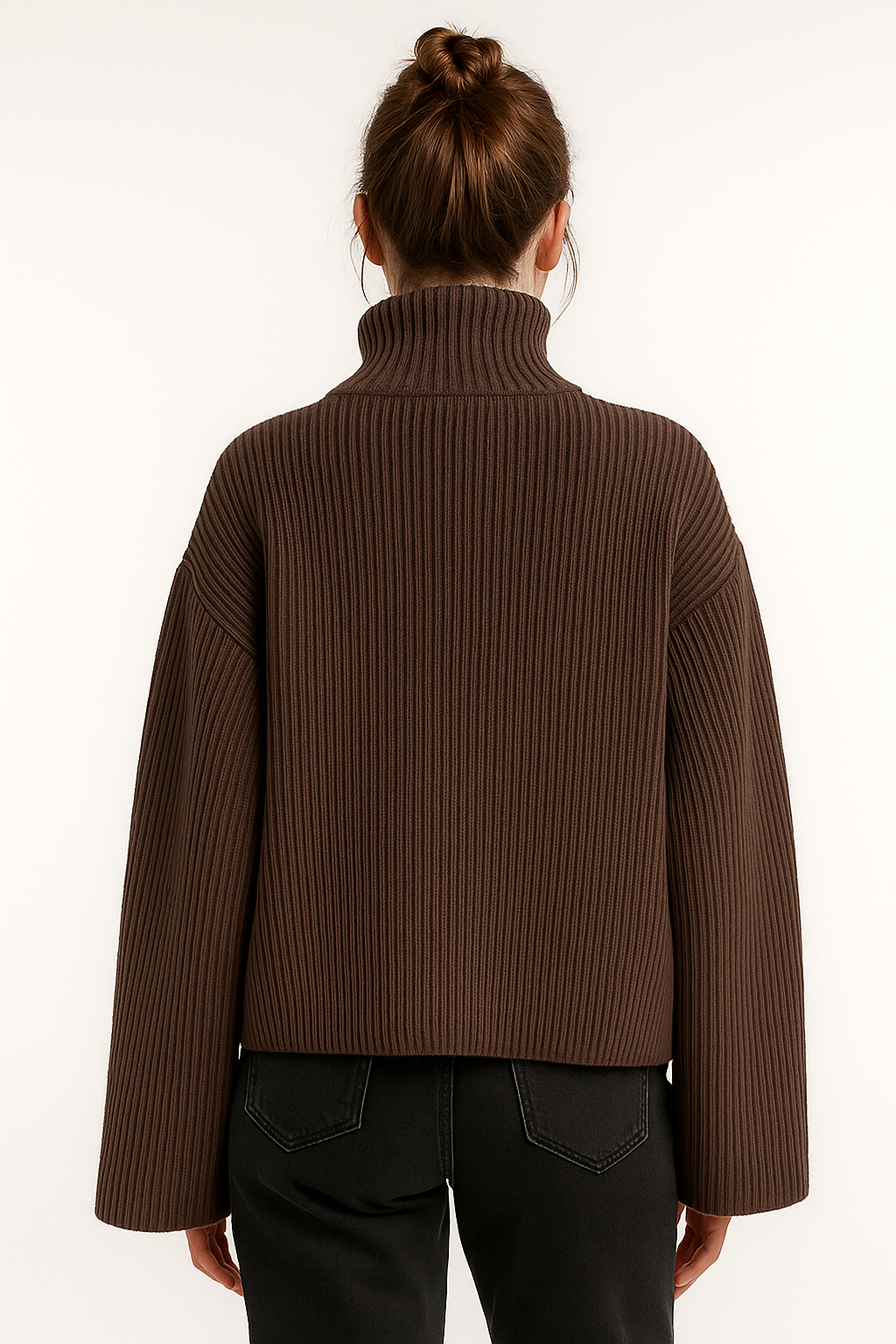 Brązowy damski kardigan z zamkiem i golfowym kołnierzem