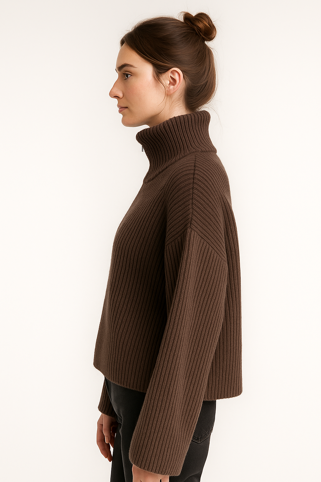 Brązowy damski kardigan z zamkiem i golfowym kołnierzem