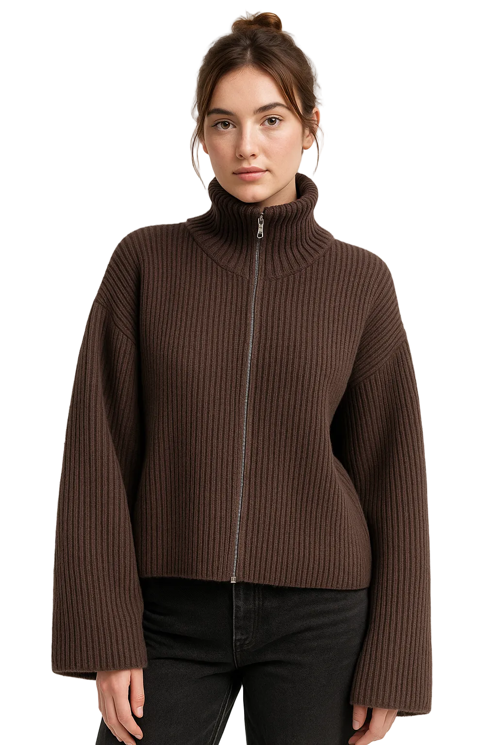 Brązowy damski kardigan z zamkiem i golfowym kołnierzem