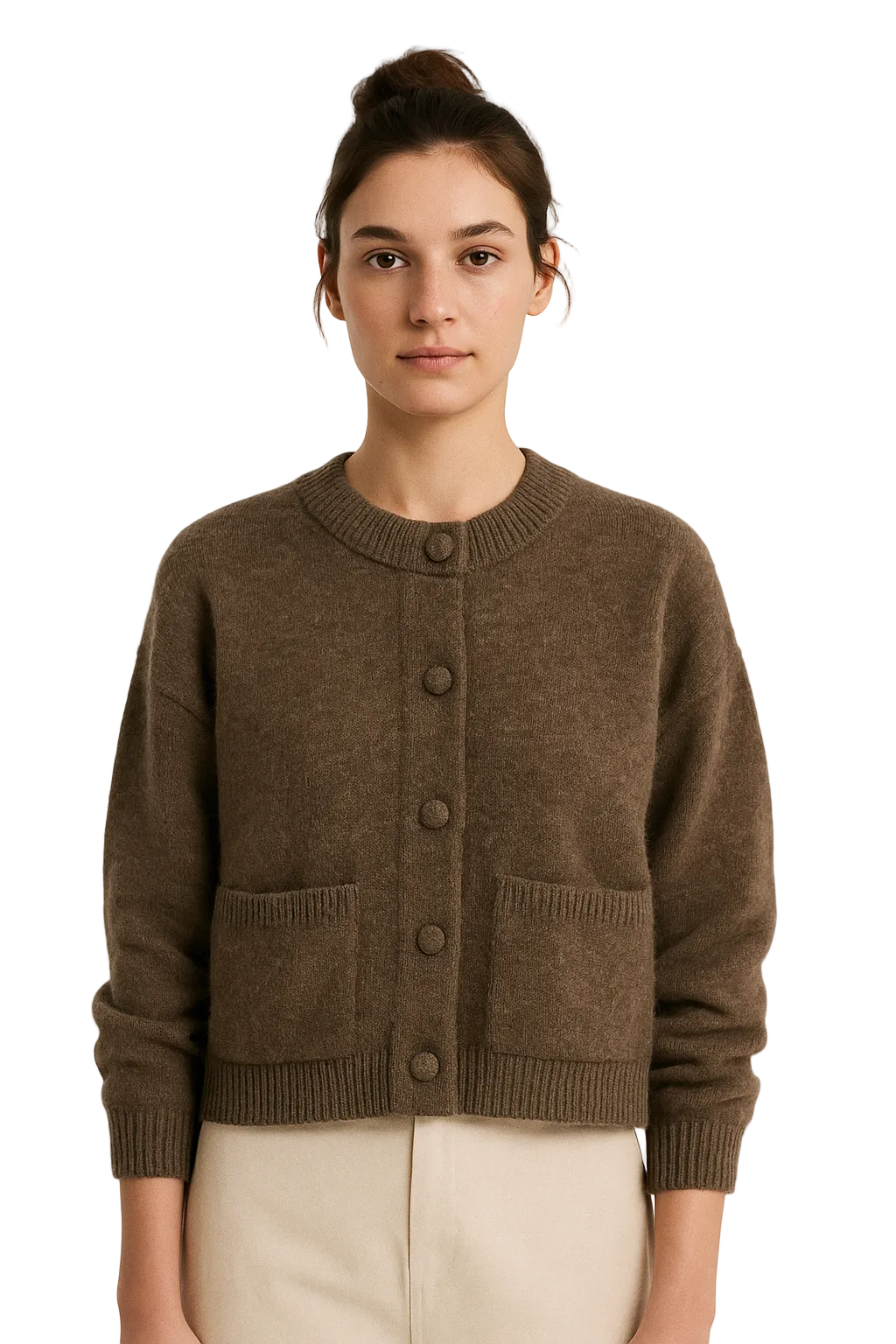 Krótkie damskie kardigan z okrągłym dekoltem i zapięciem na guziki w kolorze brązowym