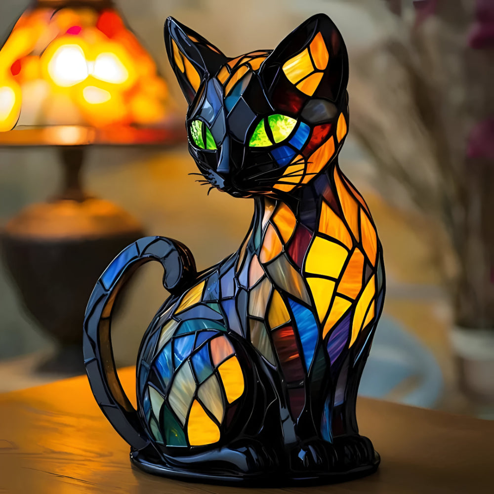 Lampa Stołowa z Witrażem w Kształcie Kota - Dekoracyjna Lampa Nocna do Domu