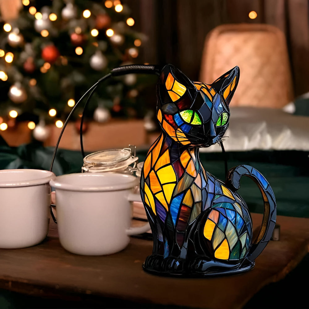 Lampa Stołowa z Witrażem w Kształcie Kota - Dekoracyjna Lampa Nocna do Domu