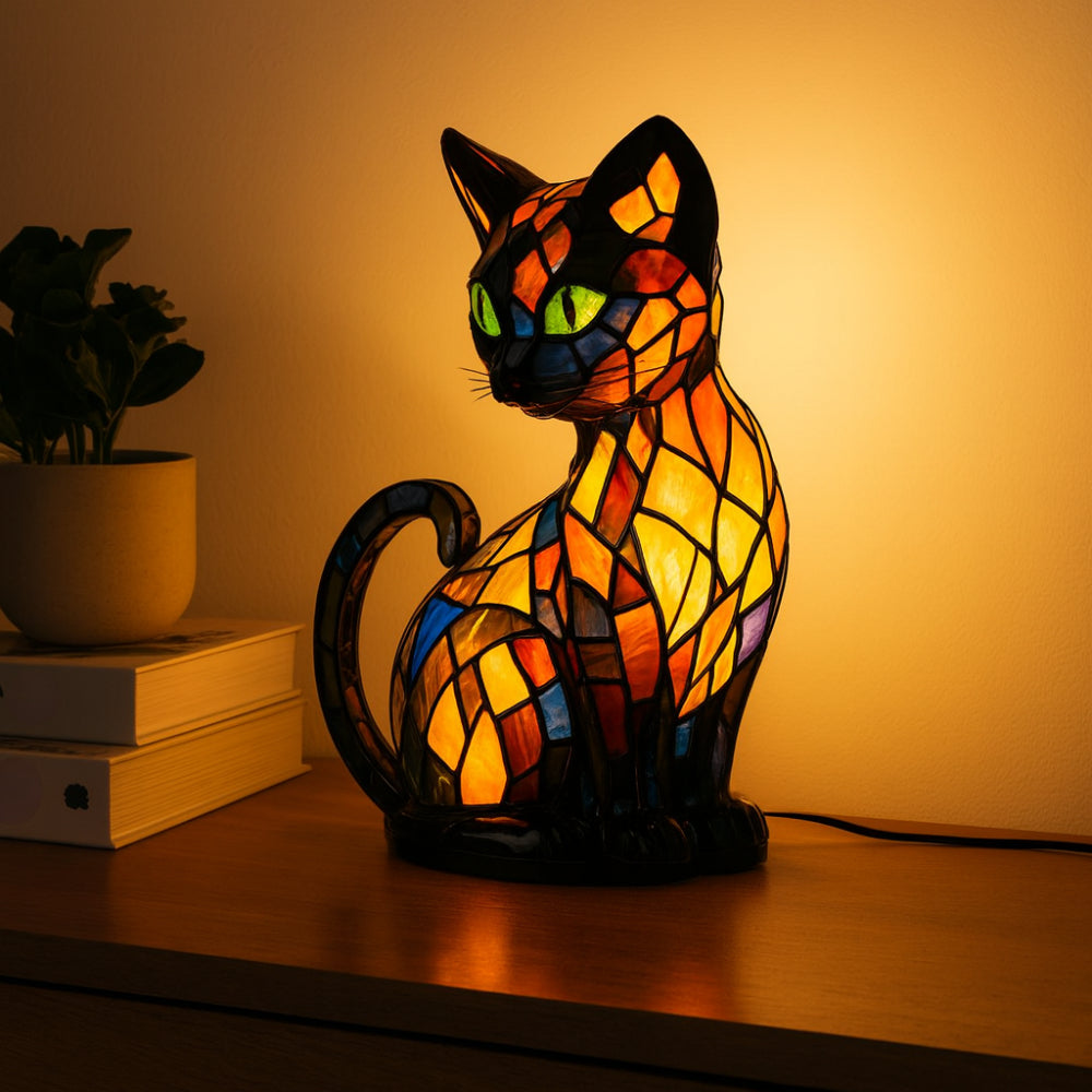 Lampa Stołowa z Witrażem w Kształcie Kota - Dekoracyjna Lampa Nocna do Domu