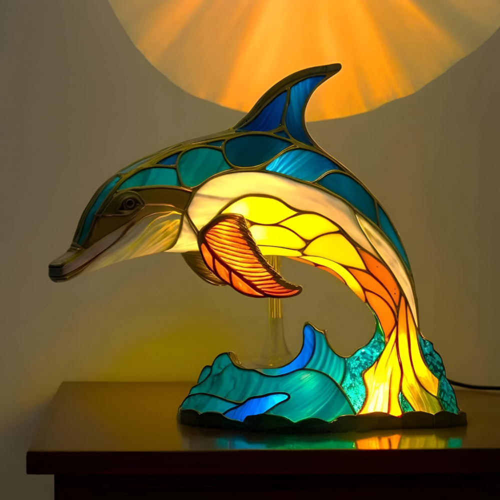 Lampa Stołowa Witrażowa z Motywem Zwierząt