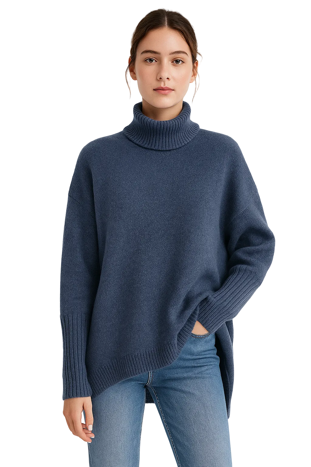 Niebieski damski sweter oversize z golfem i wydłużonym tyłem