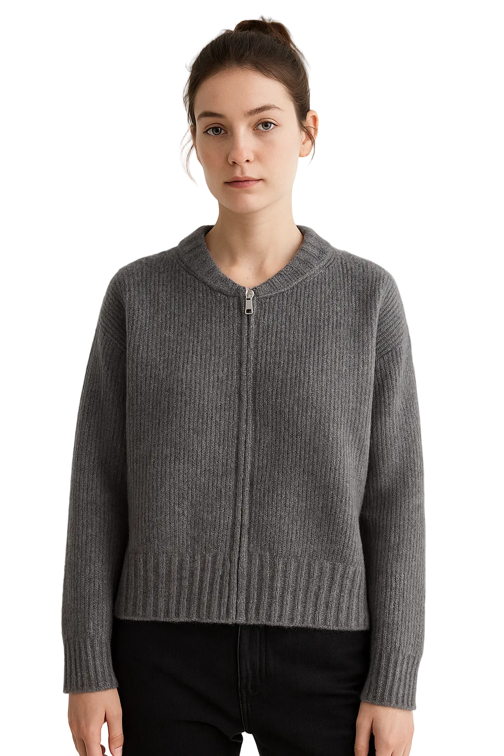 Prążkowany damski kardigan z zamkiem i okrągłym dekoltem w kolorze ciemnoszarym