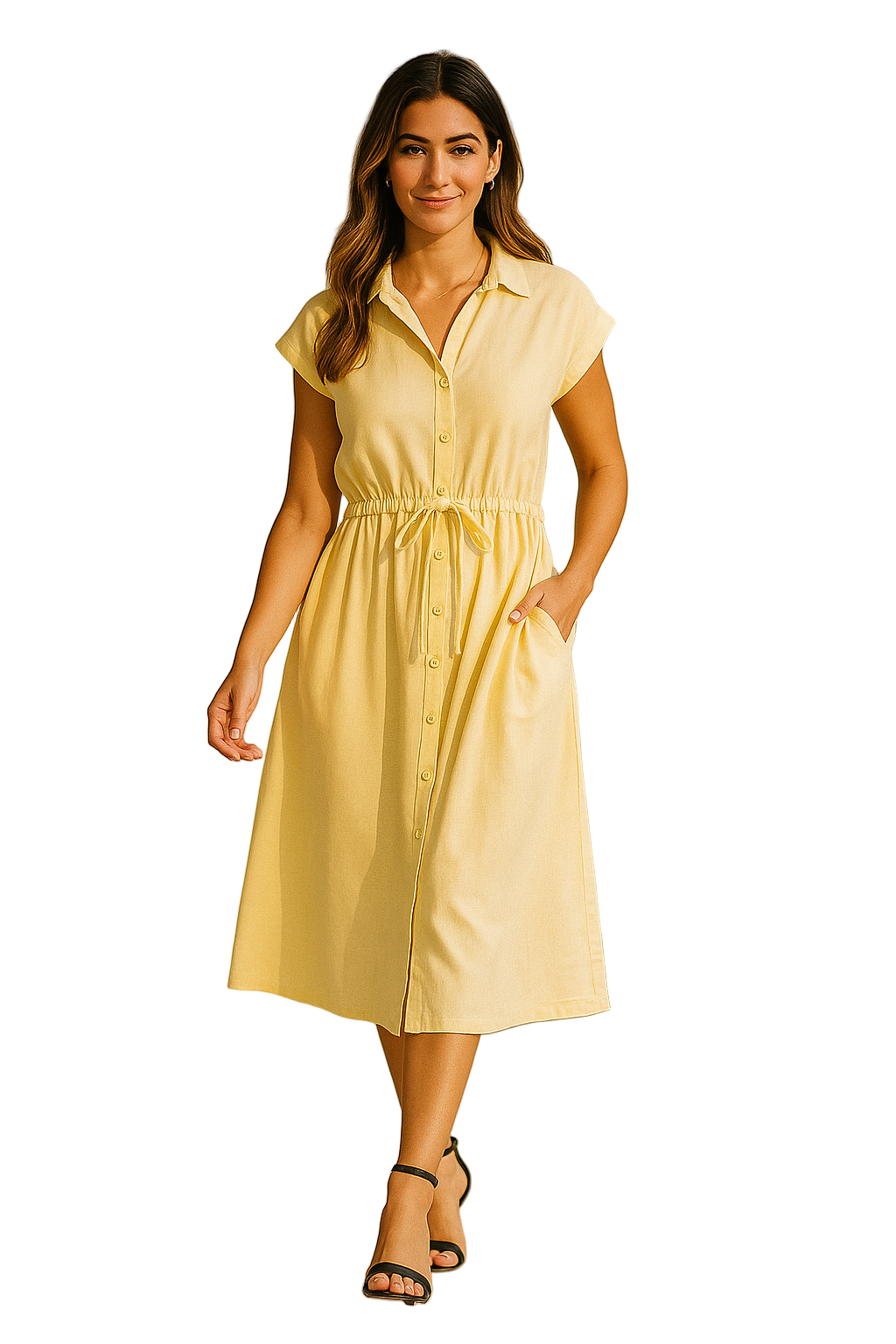 Robe chemise en coton jaune avec ceinture