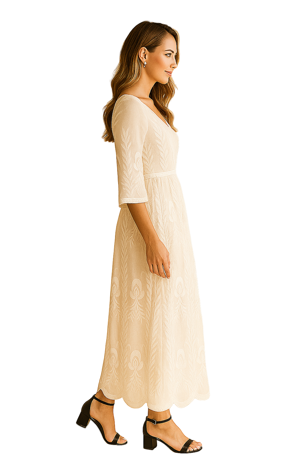 Robe longue blanche avec dentelle avec détails brodés