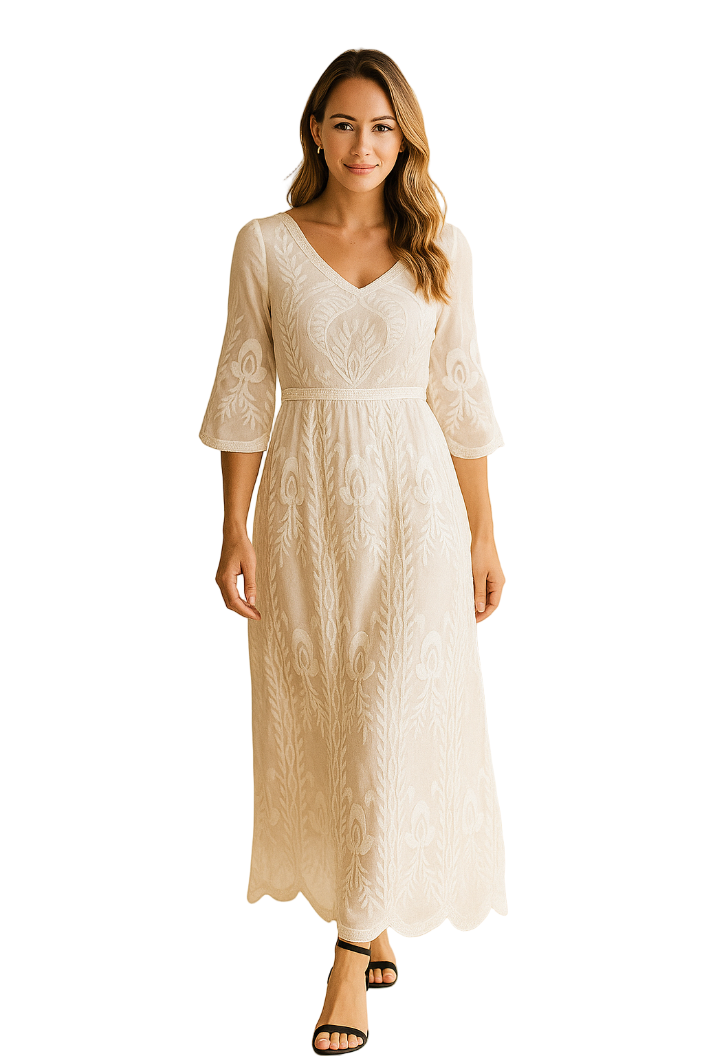 Robe longue blanche avec dentelle avec détails brodés
