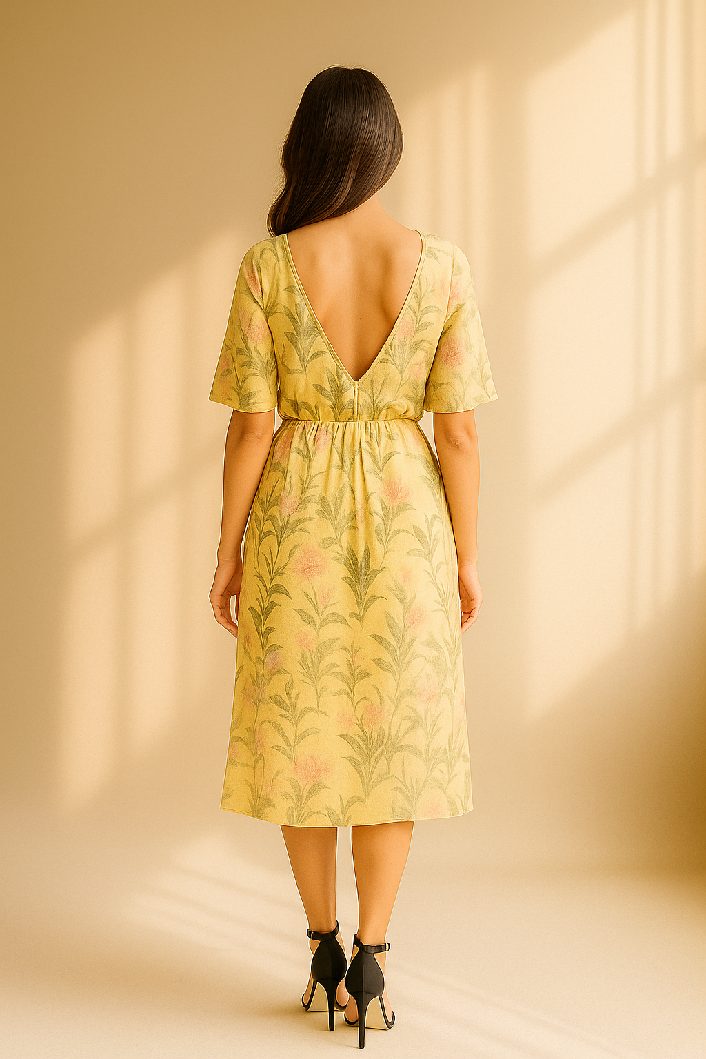 Robe midi jaune à imprimé floral avec ourlet asymétrique