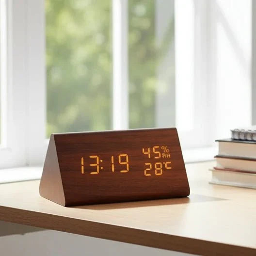 Drewniany Zegar LED z Alarmem, Wyświetlaczem Temperatury i Regulowaną Jasnością