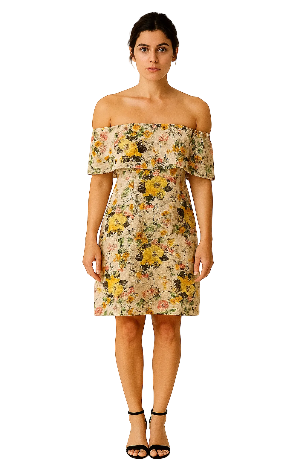 Sukienka w kwiatowy wzór z odkrytymi ramionami