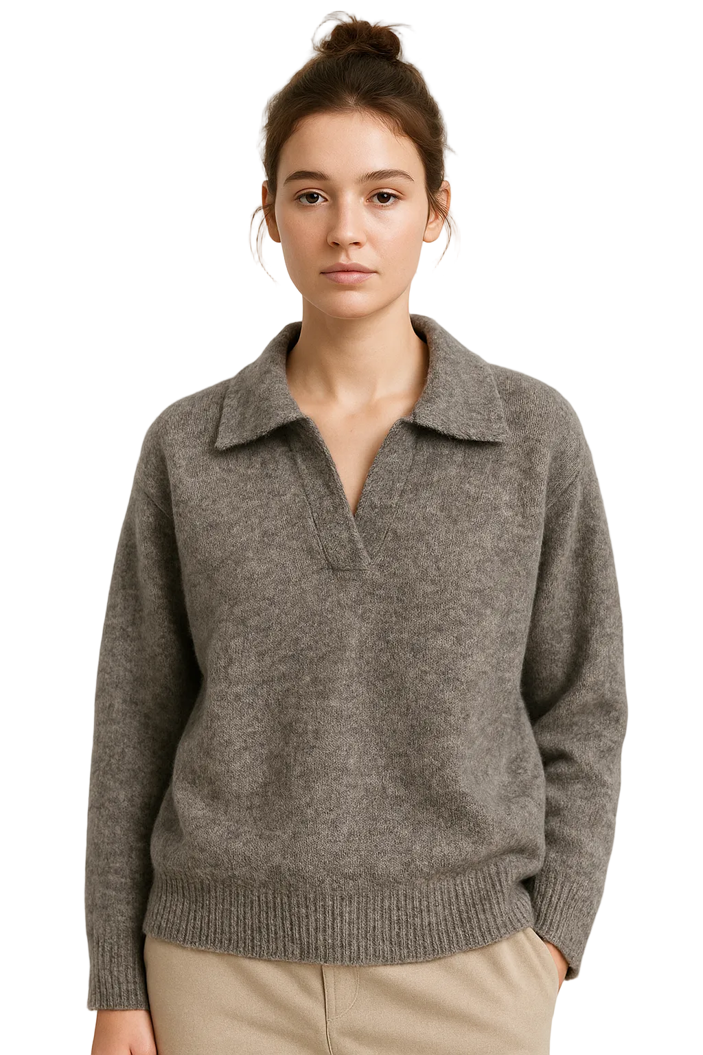 Szary damski sweter z dzianiny z kołnierzykiem i dekoltem w serek