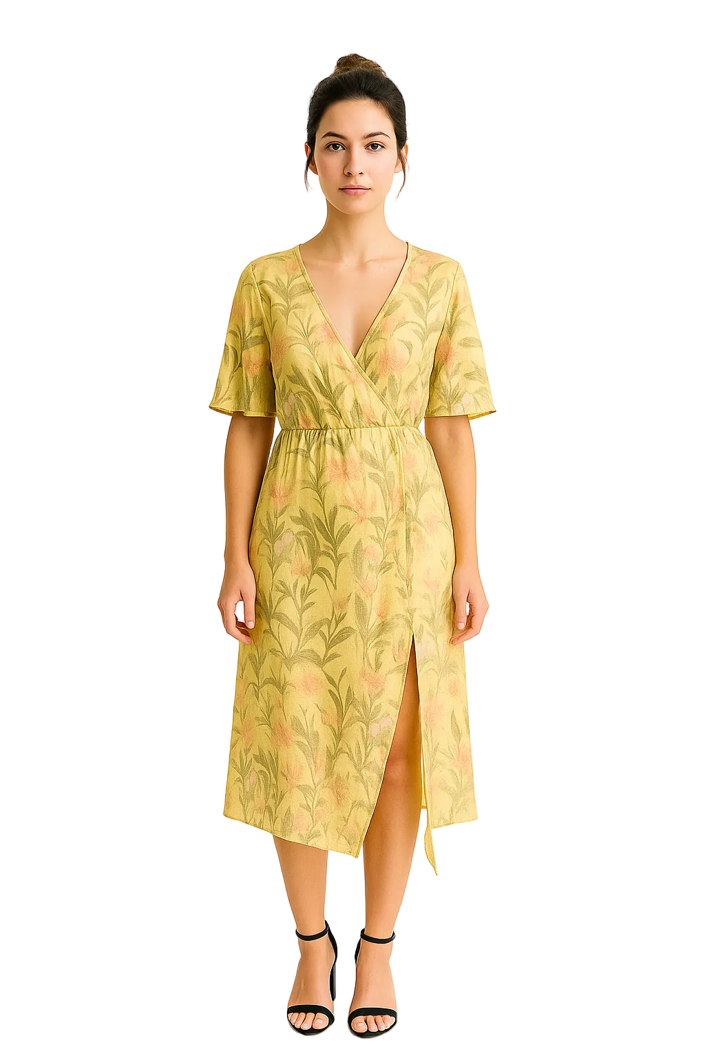 Żółta sukienka midi w kwiatowy wzór z asymetrycznym dołem